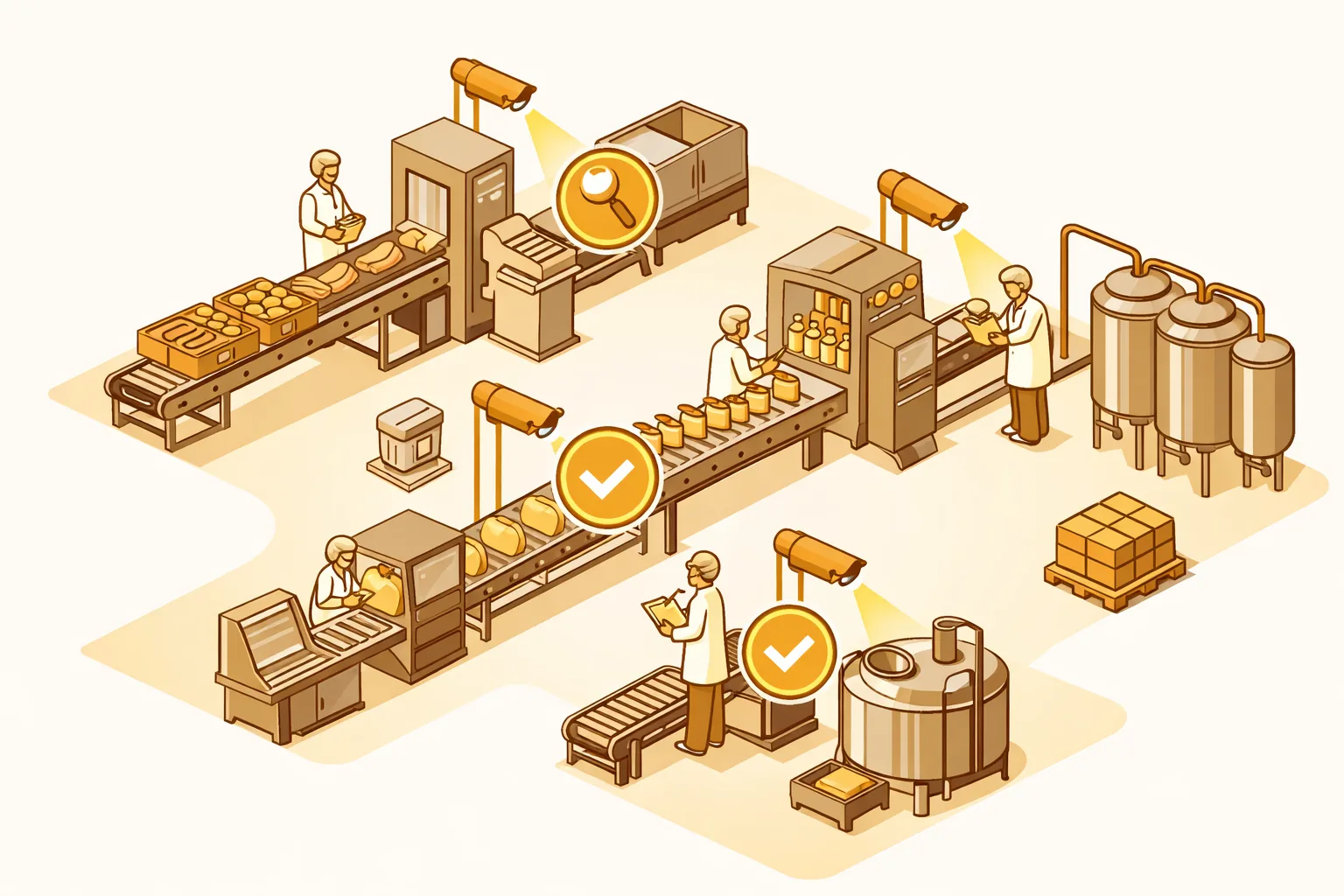 Instalación de manufactura alimentaria con puntos de inspección de calidad