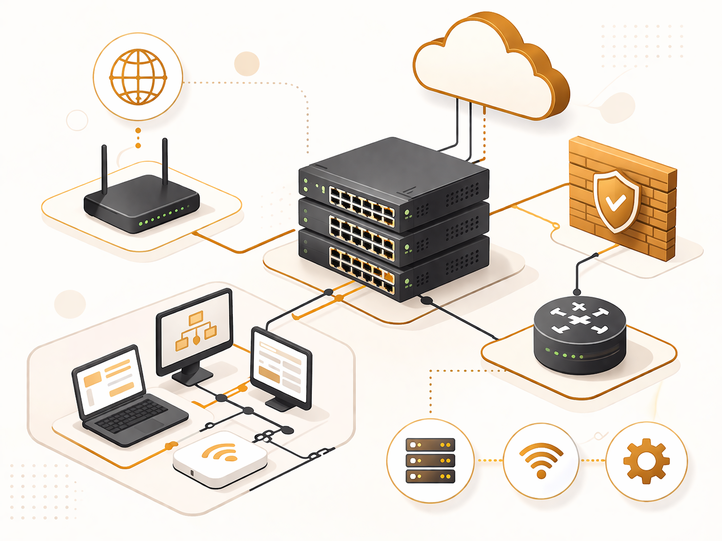 Infraestructura de red con switches, routers y nube conectados